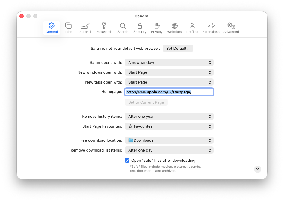 Safari Defaults - General tab